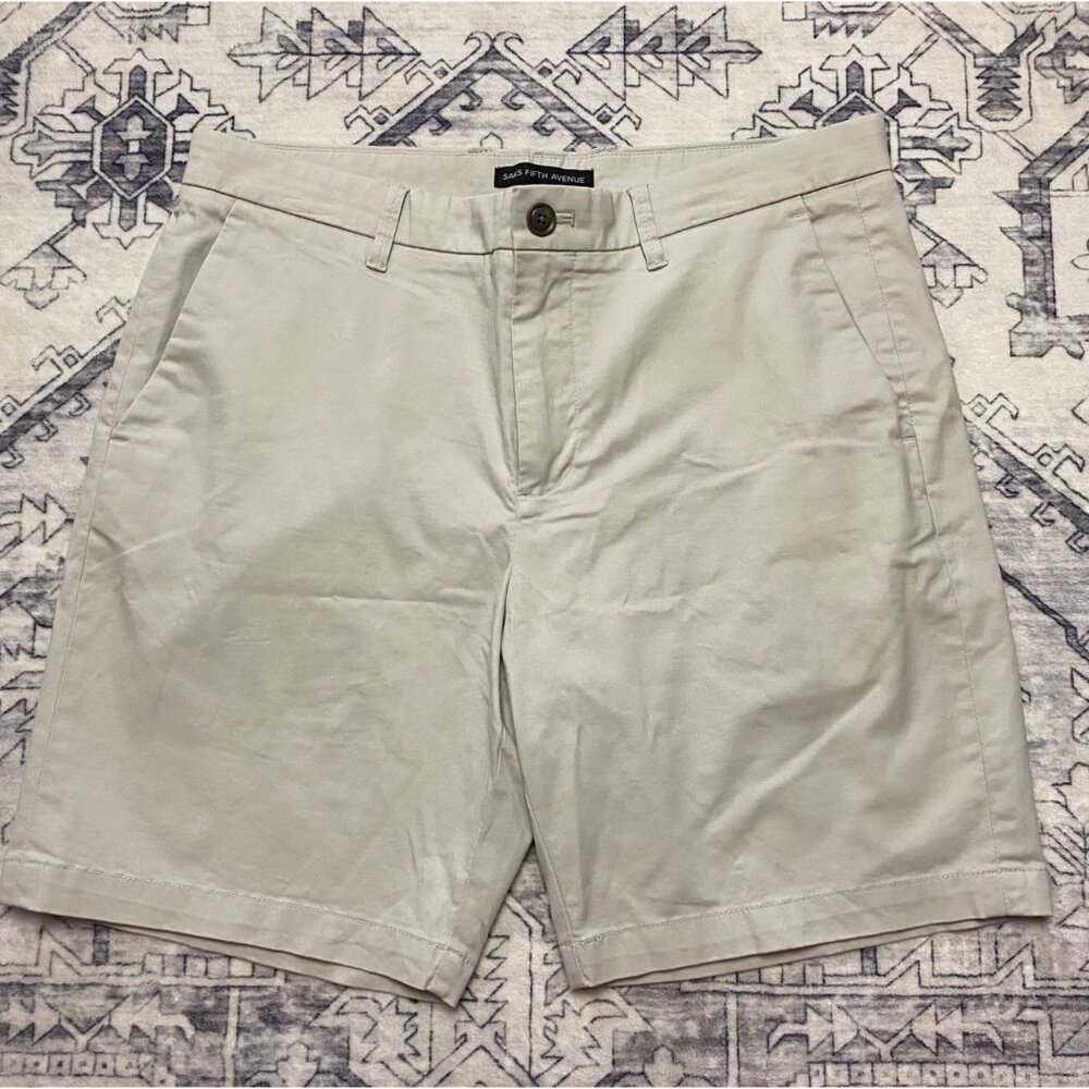 Saks Fifth Avenue Mens‎ Beige Flat Front Shorts Size 32 Cotton & Elastane Blend